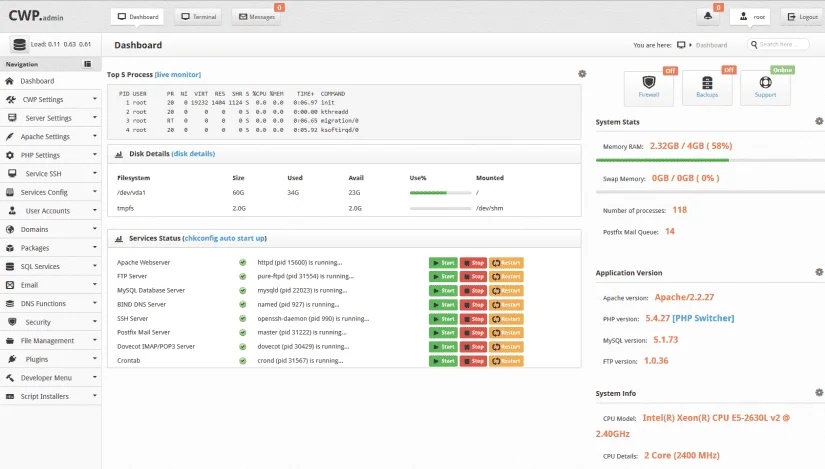CWP Control Web Pannel on Centos 7